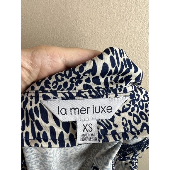 La Mer Luxe Ruffle Neck Top Sleeveless Leopard Printed Blue White Stretch XS - Picture 10 of 11